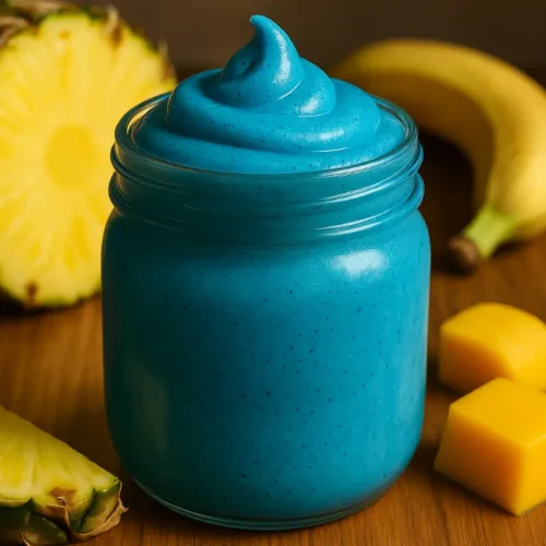 blue spirulina smoothie in a clear glass jar with pineapple, banana, and mango