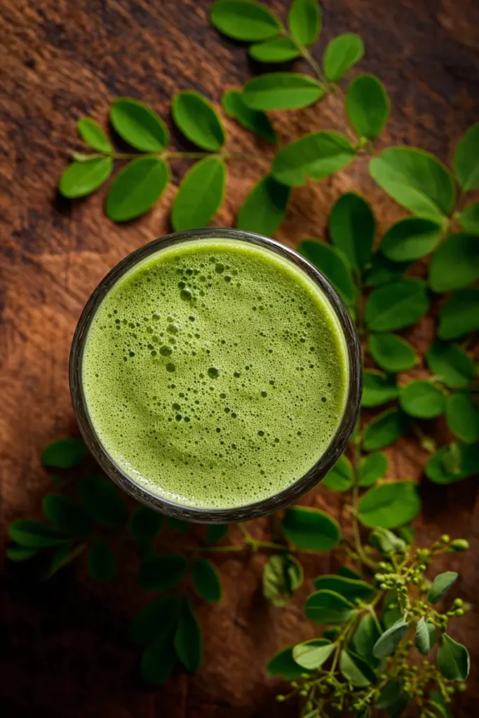 Top view of moringa smoothie in a glass with fresh leaves