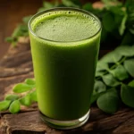 Moringa smoothie recipe in a clear glass with fresh moringa leaves
