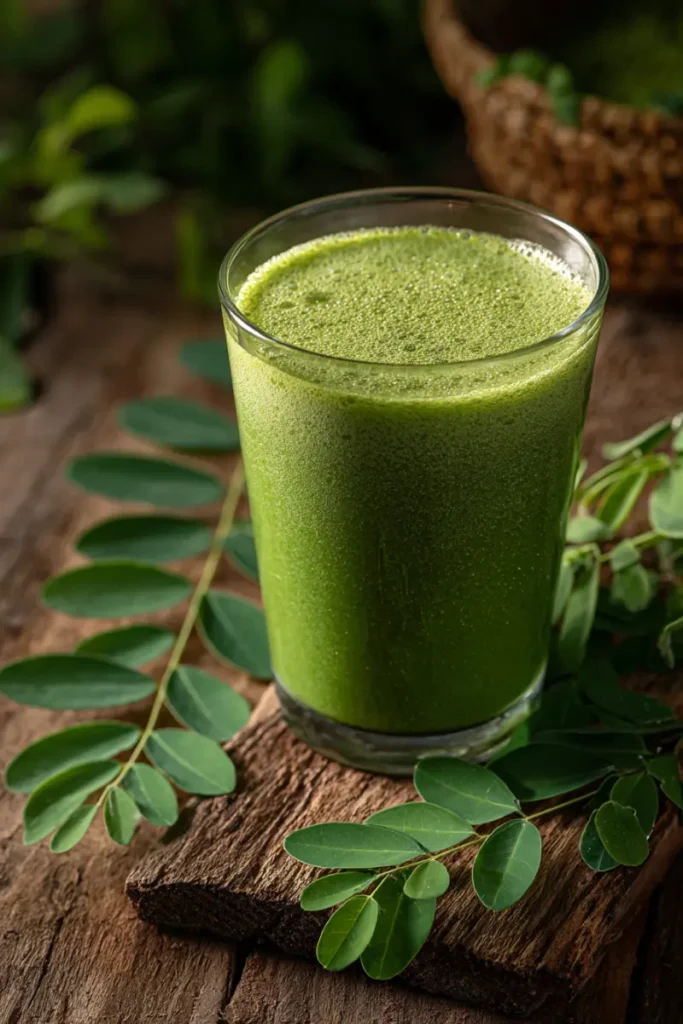Moringa smoothie on wooden surface with fresh leaves