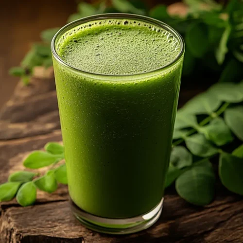 Moringa smoothie recipe in a clear glass with fresh moringa leaves