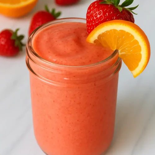 Sunrise Sunset Tropical Smoothie in a glass with orange and strawberry garnish