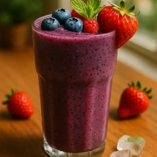 Green tea berry smoothie topped with fresh blueberries, strawberries, and mint