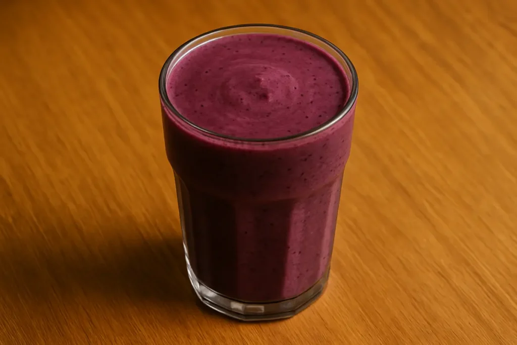 Green tea berry smoothie in a clear glass on wooden table
