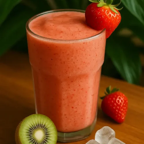 DIY Kiwi Quencher Tropical Smoothie with fresh strawberry, kiwi, and ice on wooden table
