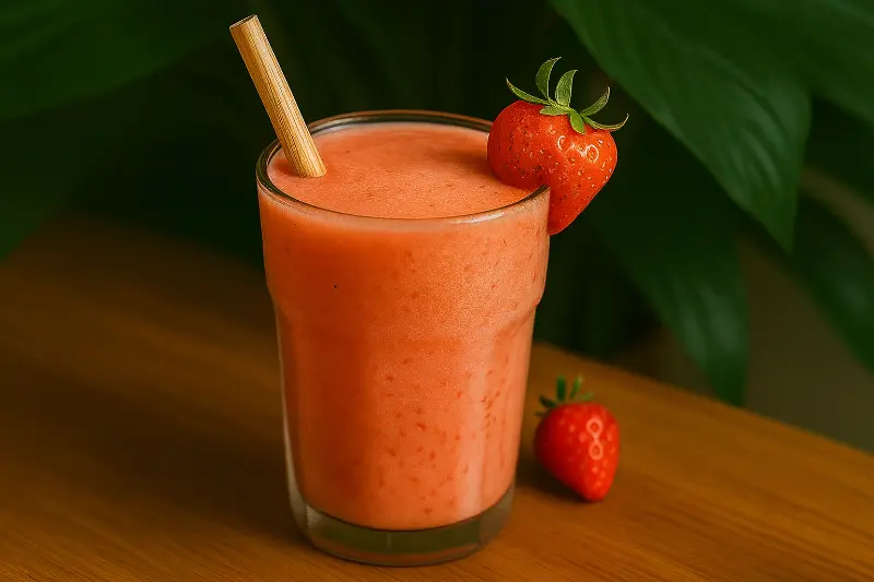 Kiwi Quencher Tropical Smoothie in a glass with fresh strawberries on top