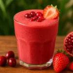 Glass of pomegranate plunge tropical smoothie with strawberries and pomegranate