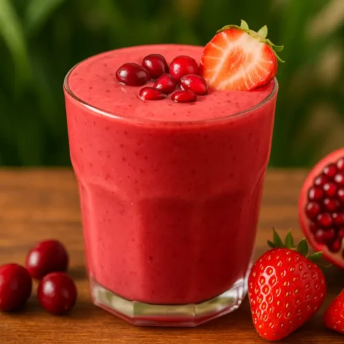 Glass of pomegranate plunge tropical smoothie with strawberries and pomegranate