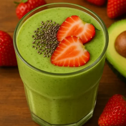 Strawberry Avocado Green Smoothie with chia seeds and sliced strawberries on top in a tall glass